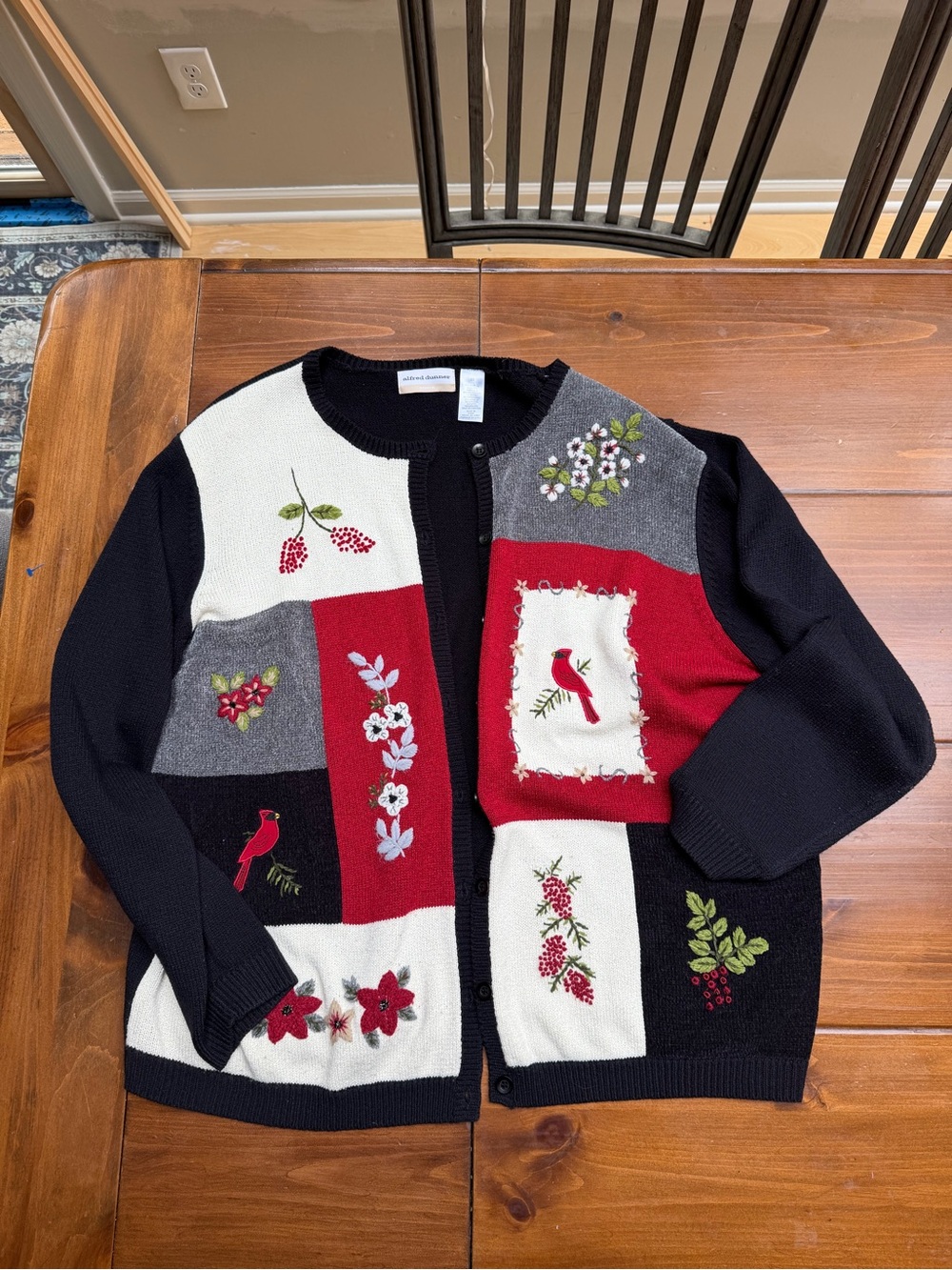 Alfred Dunner Cardinal Patchwork Embroidered Cardigan Sweater Black Red 2X